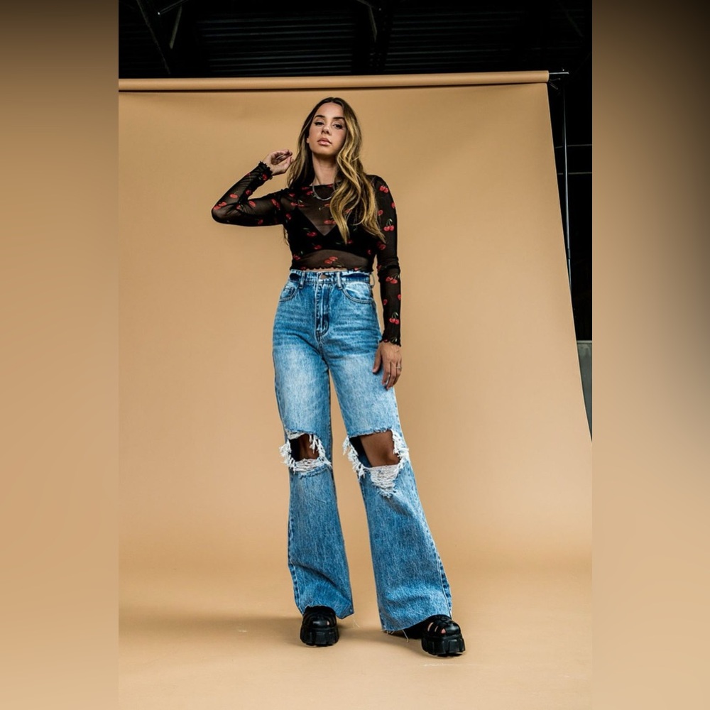 Dressed in Lala Hey Jude Distressed Wide Leg Denim in Large